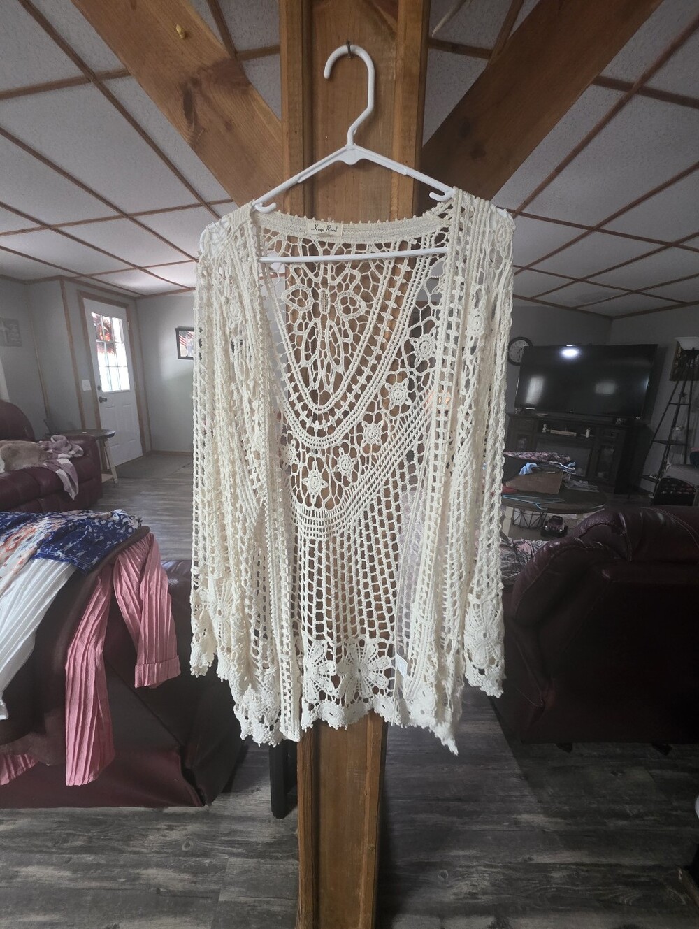 Openwork Crochet Poncho Cardigan in Cream